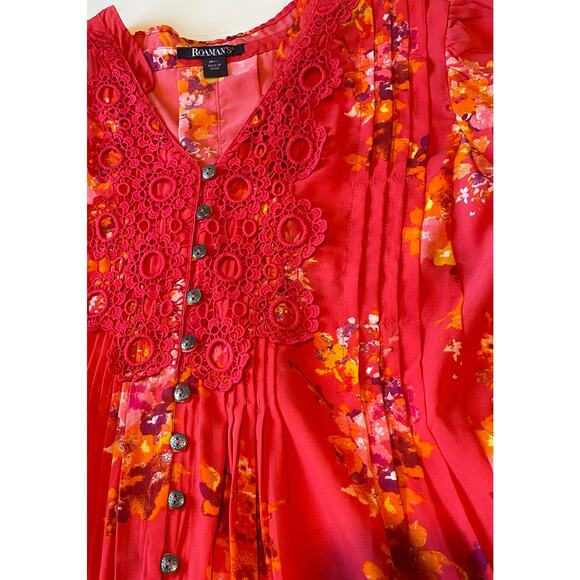 Roaman’s Blouse Top Pintucks Crochet Lace Button Detail Sz 14W Bell Sleeves Red - Picture 2 of 11
